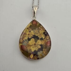 Vintage ATI Mexico 925 Sterling Silver Pressed Flower Resin Pendant Necklace 18